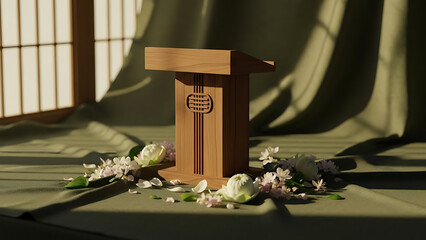 Reverent wooden lectern adorned with delicate white flowers and scattered cherry blossoms, bathed in soft, contemplative sunlight for a peaceful tribute or meaningful ceremony