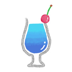水彩手描きの夏の飲み物イラスト。チェリーが付いたグラス入りの青いカクテル