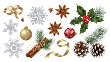 Assorted Christmas ornaments and festive decorations.