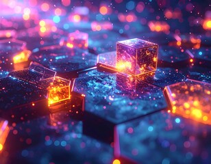 Glowing transparent cubes on a surface with hexagon textures