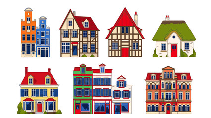 Fototapeta premium Collection of different style houses and buildings in cartoon style