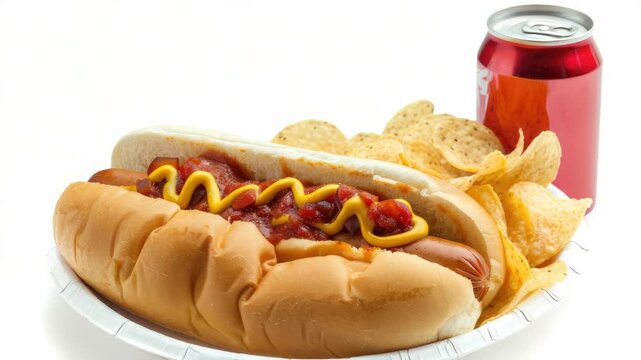 Hot dog with mustard, chips, and soda can on plate