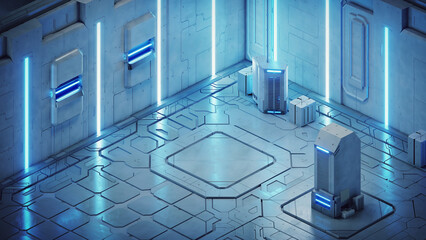 Isometric view of futuristic white sci-fi metal floor tiles with glowing blue neon lights