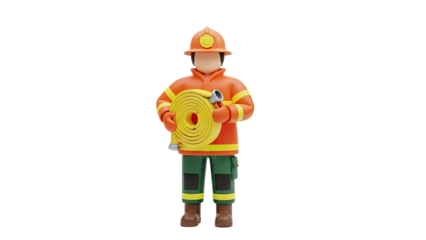 3D Firefighter Character Holding Fire Hose on transparent background