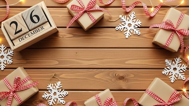 Wooden block calendar displays the date december 26 surrounded by festive christmas gifts white snowflakes and warm string lights scattered across a natural brown wood surface background