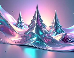 Elegant abstract landscape featuring shimmering Christmas tree sculptures crafted from flowing iridescent liquid metal, reflecting soft pastel gradients for a modern festive design