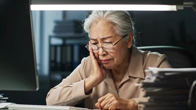 Elderly businesswoman enduring toothache and immense workload late at night in a dimly lit office battling discomfort and stress to meet tight