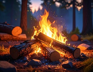 Glowing campfire ablaze in a forest clearing at dusk