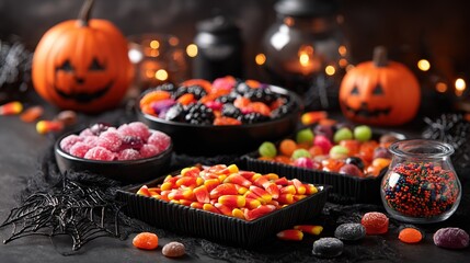 Dark-style Halloween candy display, colorful candies in black trays, pumpkin-shaped candies, spider web decorations, dark background with warm light