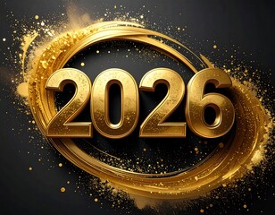 Golden 2026 numerals within gold swirl against a dark backdrop