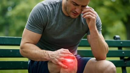 Man experiencing severe knee pain while seated on a tranquil park bench, showcasing discomfort and the urgent need for medical attention or