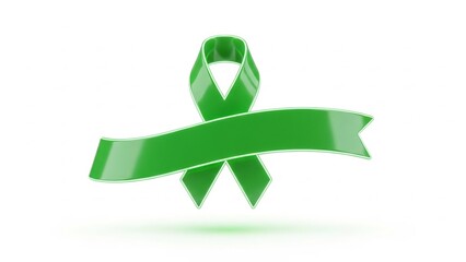 Rendered glossy green awareness ribbon with a blank banner for text