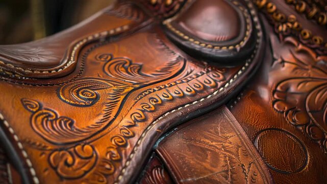 Detailed close-up of intricately designed, ornate leather saddle