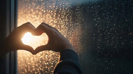 Silhouetted hands forming a heart shape against a sunlit window with rain droplets, symbolizing love and hope during a gloomy day.