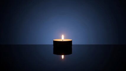 Single black tea light candle glowing with a warm flame and reflection on a dark surface against a deep blue gradient background