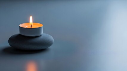 Single lit tea light candle on a smooth gray stone, creating a serene and tranquil atmosphere with soft ambient lighting.