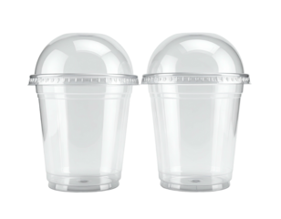 Two clear plastic cups with dome lids, side-by-side, on a black backdrop