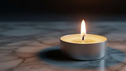 Single tea light candle with a bright flame casting a soft glow on a marbled surface, creating a peaceful and serene atmosphere.