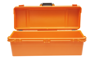 High-quality, vibrant orange plastic storage case with open lid for industrial or commercial use