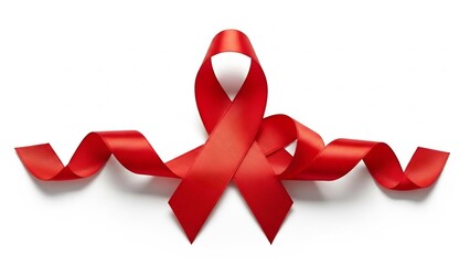 Symbol of hope: a bright red satin ribbon tied in a bow on a clean white background