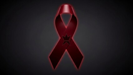 Symbol of hope: a deep red awareness ribbon with a stylized crown emblem on a dark gradient background