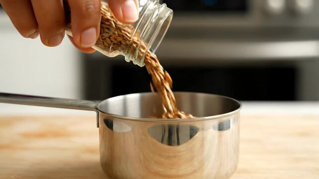 A close-up shot of hands carefully pouring nutritious lentils into a measuring cup on a wooden surface