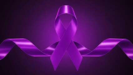 Symbol of hope: a luxurious, shiny purple ribbon against a deep purple gradient background, representing awareness and support