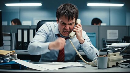 A highly stressed business professional experiences a profound moment of unbridled rage and intense frustration while conversing on an office - Powered by Adobe