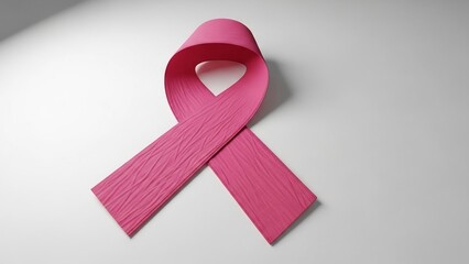 Symbol of hope: a textured pink ribbon, representing breast cancer awareness, casts a subtle shadow on a neutral background.