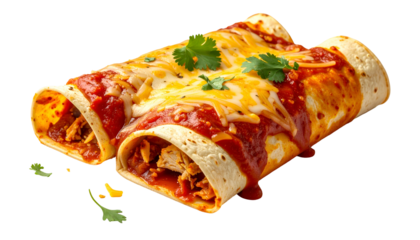 Close-up of two enchiladas, tortillas filled, smothered in sauce, topped with cheese and cilantro