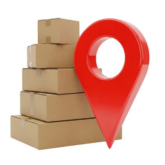 Obraz premium Stack of shipping boxes with red location pin icon isolated on transparent background
