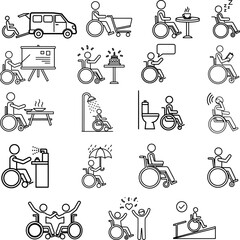Diverse Daily Activities of People in Wheelchairs Icon Set