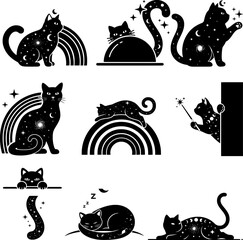 Celestial Galaxy Cat Icon Set with Mystical Stars and Moon Patterns