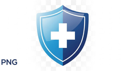 Obraz premium Blue shield icon with a white medical cross on a transparent background for healthcare or protection concepts