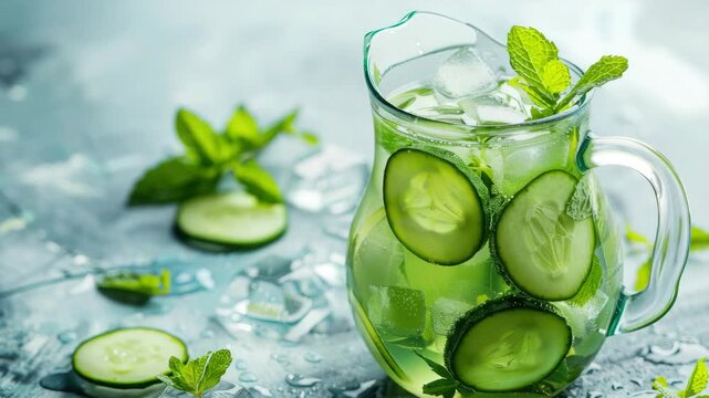 Refreshing cucumber and mint drink in clear pitcher with ice