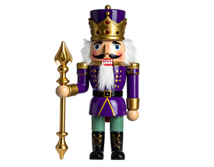 A regal nutcracker figurine with a purple uniform and gold spear, set against black