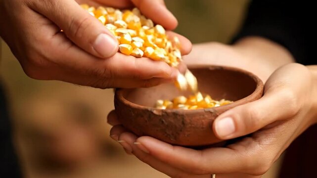 Close-up of hands gently pouring golden corn kernels into a rustic clay bowl, symbolizing harvest and sustenance