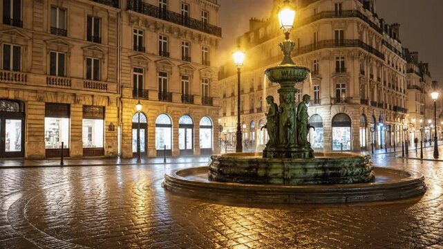 Wallace Fountain Illuminated at Night - Wet Paris Cobblestone Street Reflections - Romantic Cityscape