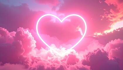 A luminous, glowing heart shape floats amidst a dreamy, pink-hued cloudscape under a dusky, sunset sky