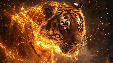 Glowing tiger surrounded by fire sparks high resolution picture
