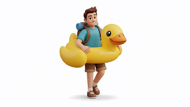 Cartoon Man With Yellow Duck Float Backpack White Background
