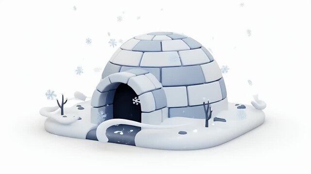 Charming Cartoon Igloo in Snowy Landscape with Twigs and Falling Snow