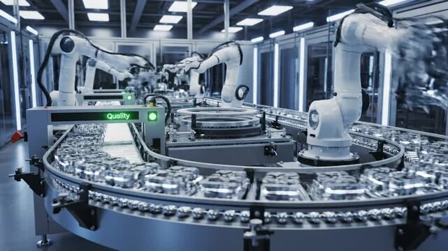 Automated robotic arms working on a modern assembly line in a factory environment