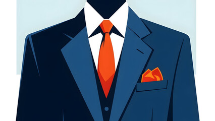 Refined dark blue suit styled with vibrant orange tie and matching pocket square presenting a confident modern menswear fashion statement for professional corporate branding