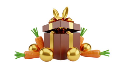 3D Easter Gift Box with Golden Bunny Ears and Carrots on transparent background