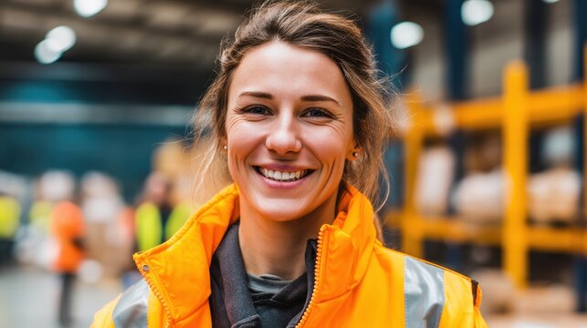 A worker is smiling while wearing a bright safety jacket inside a large warehouse. Many people are seen in the background engaged in various tasks during a busy day.