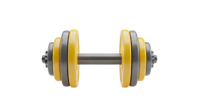 3D Dumbbell with yellow and gray weights on transparent background - Powered by Adobe