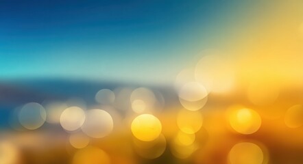 Sunset sky with bokeh blur creating abstract background for nature landscape in golden and blue warm gradient light. Evening horizon over ocean.