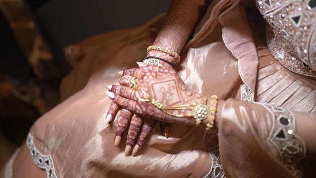 Indian Bride Hands with Mehndi and Bridal Jewelry Close Up