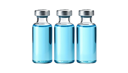 Three vials, each filled with blue liquid, stand upright against a black backdrop